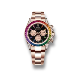 Close-up view of the Rolex Daytona Rainbow Clone, showcasing the vibrant rainbow-inspired bezel with meticulously set gemstones. A fusion of elegance and precision in 904 Grade Stainless Steel and Yellow Gold. A statement piece for the modern individual.