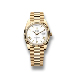 Close-up view of the Rolex Day-Date 118238 Clone Replica with a White Roman Numeral dial, Yellow Gold case, and President bracelet. A symbol of timeless luxury and precision craftsmanship."