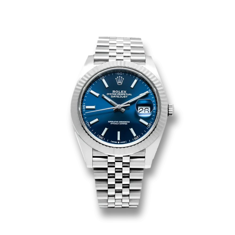 "Rolex Dayjust Blue Superclone (Model 126334) - Precision-crafted men's automatic watch with bright blue dial, fluted motif, and White Gold/Stainless Steel case. Stainless Steel Jubilee bracelet, water-resistant design. Elevate your style with this iconic timepiece."
