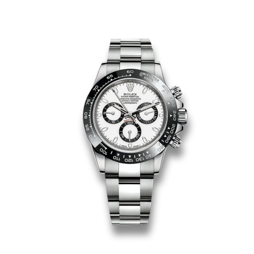 "Rolex Daytona Panda Clone: 40mm 116500LN model with kinetic (automatic) movement, 904L Grade Stainless Steel case and bracelet, white dial, and Japanese quality. Sapphire Crystal, OysterLock clasp. Affordable luxury for men's fashion."