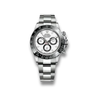 "Rolex Daytona Panda Clone: 40mm 116500LN model with kinetic (automatic) movement, 904L Grade Stainless Steel case and bracelet, white dial, and Japanese quality. Sapphire Crystal, OysterLock clasp. Affordable luxury for men's fashion."